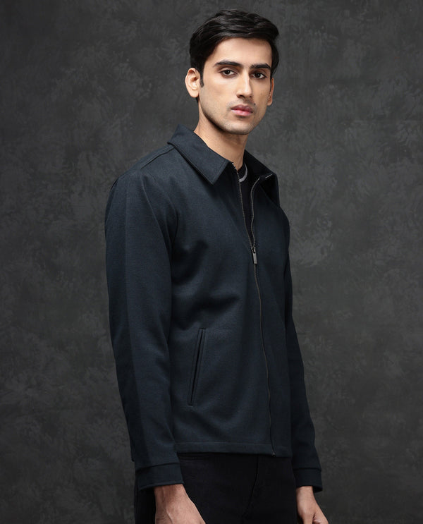 Rare Rabbit Mens Diaz Dark Petrol Collared Neck Full Sleeves Zip Closure Tailored Fit Woven Jacket