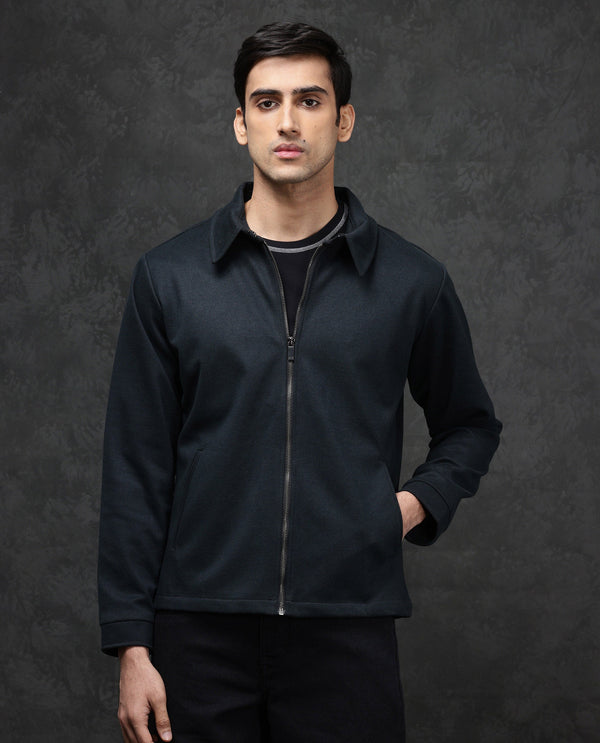 Rare Rabbit Mens Diaz Dark Petrol Collared Neck Full Sleeves Zip Closure Tailored Fit Woven Jacket