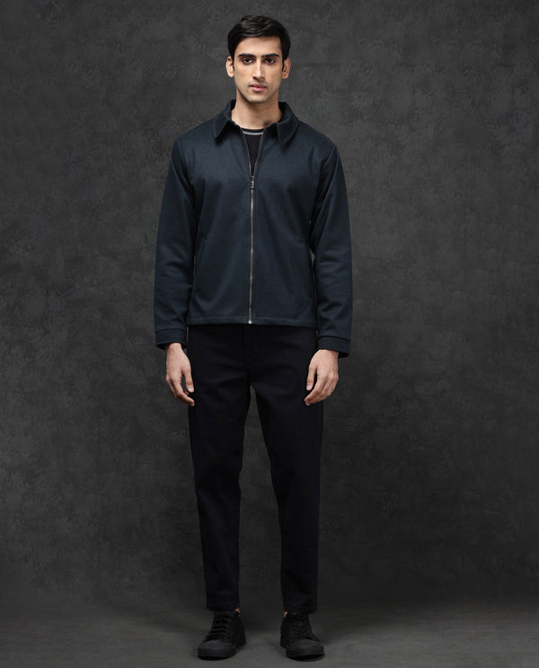 Rare Rabbit Mens Diaz Dark Petrol Collared Neck Full Sleeves Zip Closure Tailored Fit Woven Jacket