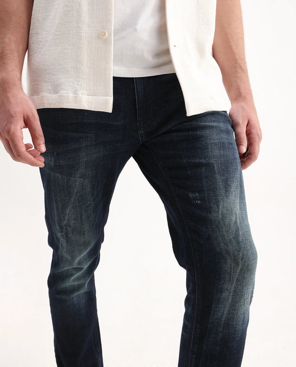 Rare Rabbit Men's Deigo Dark Blue Mid Wash Mid-Rise Mild Distressed Slim Fit Jeans