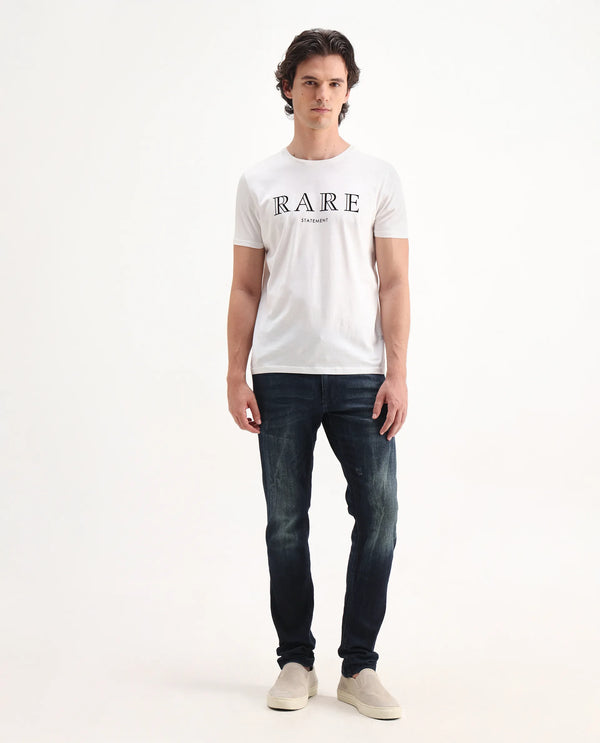 Rare Rabbit Men's Deigo Dark Blue Mid Wash Mid-Rise Mild Distressed Slim Fit Jeans