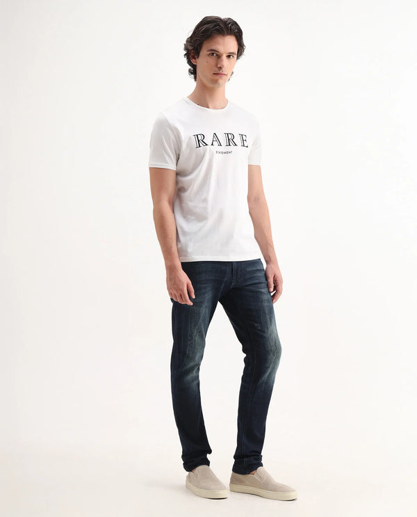Rare Rabbit Men's Deigo Dark Blue Mid Wash Mid-Rise Mild Distressed Slim Fit Jeans