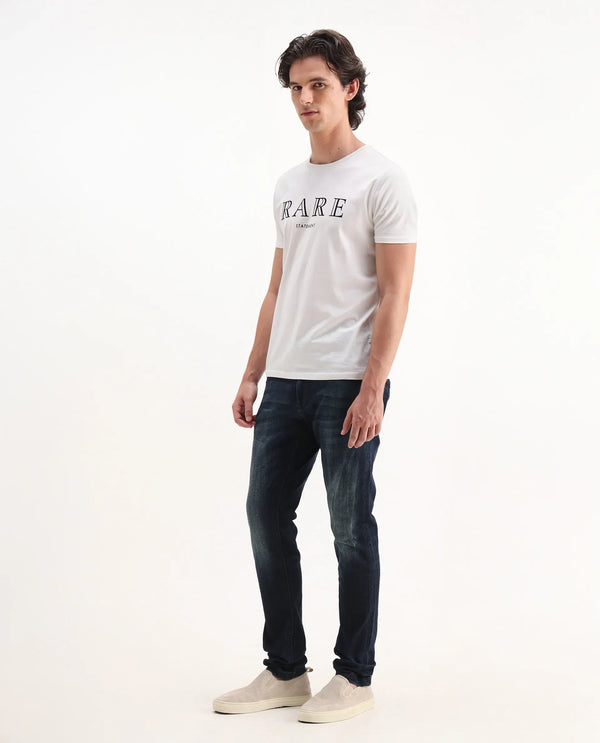 Rare Rabbit Men's Deigo Dark Blue Mid Wash Mid-Rise Mild Distressed Slim Fit Jeans