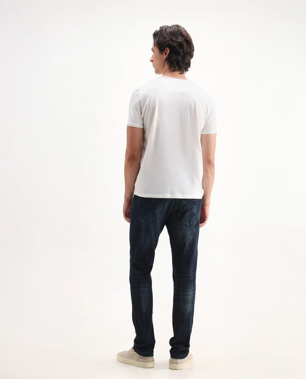 Rare Rabbit Men's Deigo Dark Blue Mid Wash Mid-Rise Mild Distressed Slim Fit Jeans