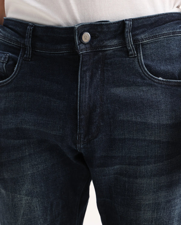 Rare Rabbit Men's Deigo Dark Blue Mid Wash Mid-Rise Mild Distressed Slim Fit Jeans