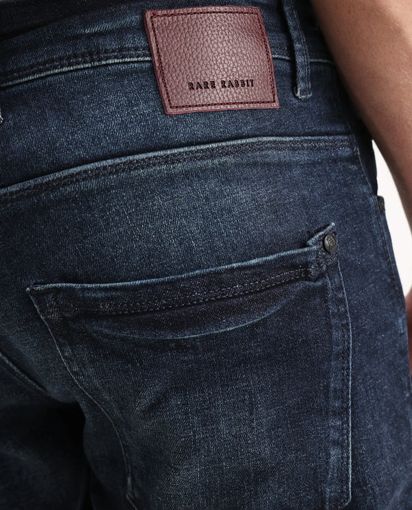 Rare Rabbit Men's Deigo Dark Blue Mid Wash Mid-Rise Mild Distressed Slim Fit Jeans