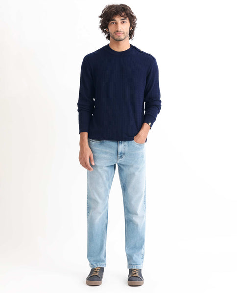 Rare Rabbit Mens Diem Navy Sweater Viscose Nylon Fabric Crew Neck Knit