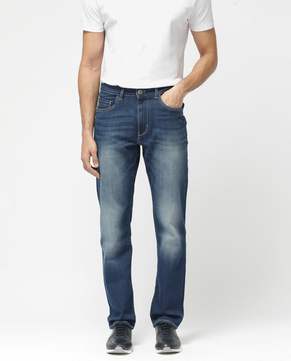 Rare Rabbit Mens Dieme Blue Cotton Polyester Solid Regular Fit Jeans