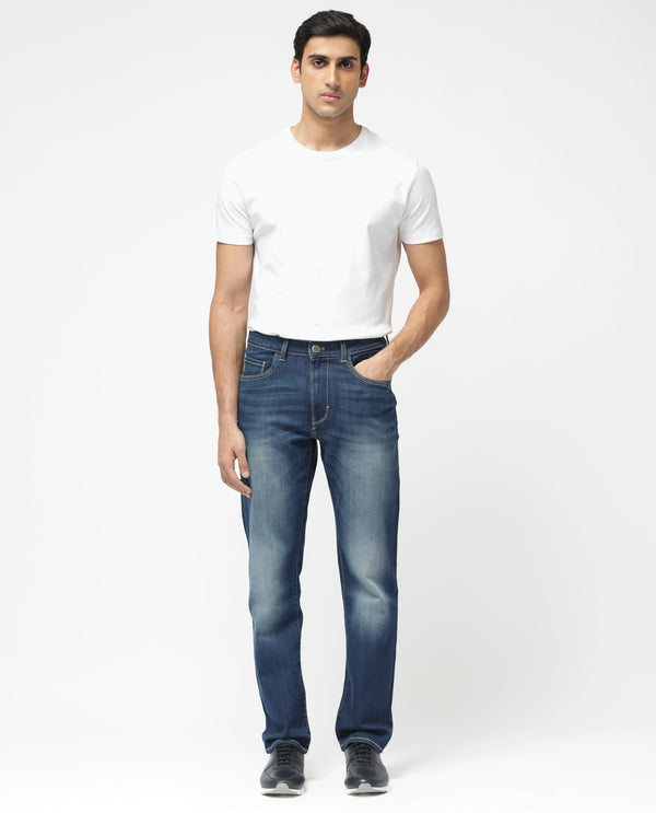 Rare Rabbit Mens Dieme Blue Cotton Polyester Solid Regular Fit Jeans