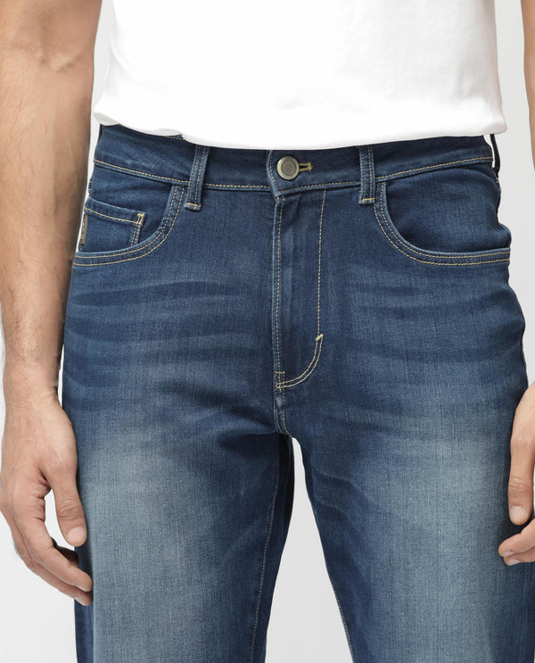 Rare Rabbit Mens Dieme Blue Cotton Polyester Solid Regular Fit Jeans
