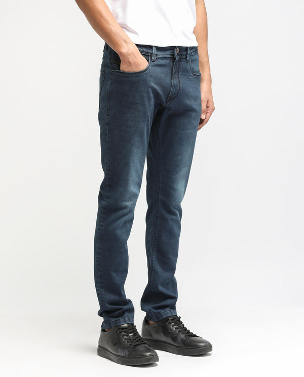 Rare Rabbit Men's Diep Fluorescent Blue Mid Wash Mid-Rise Slim Fit Jeans