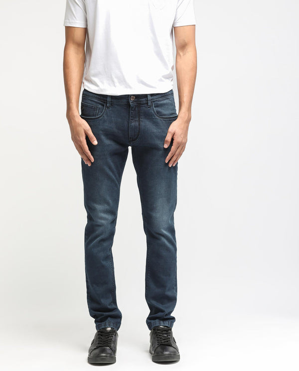 Rare Rabbit Men's Diep Fluorescent Blue Mid Wash Mid-Rise Slim Fit Jeans