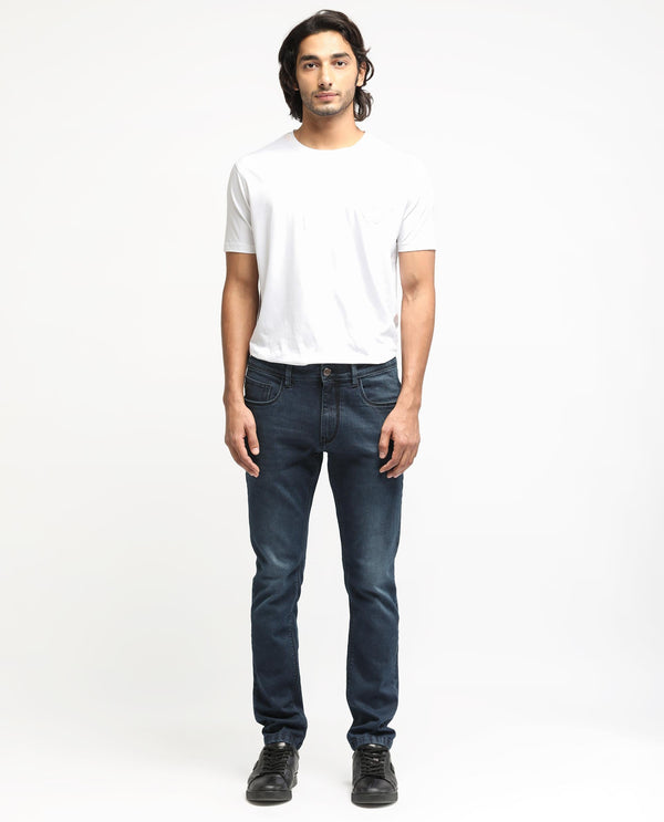 Rare Rabbit Men's Diep Fluorescent Blue Mid Wash Mid-Rise Slim Fit Jeans