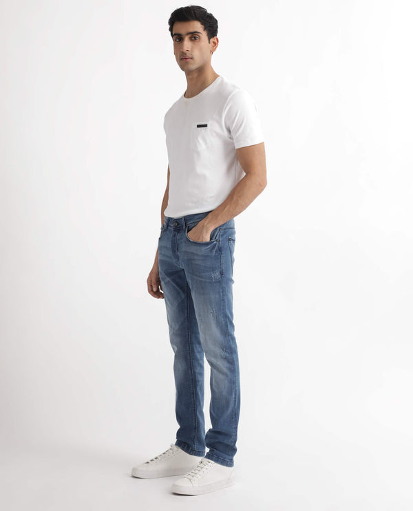 Rare Rabbit Men's Dijon Blue Mid Wash Mid-Rise Slim Fit Jeans