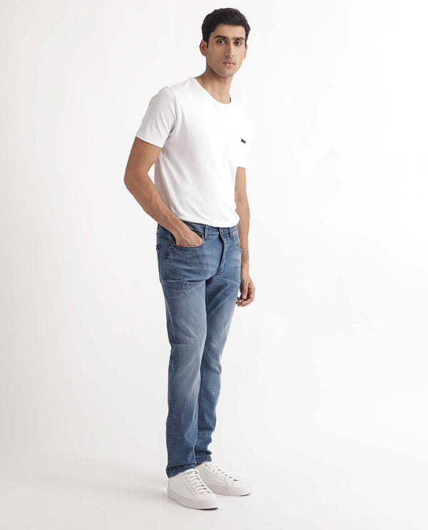 Rare Rabbit Men's Dijon Blue Mid Wash Mid-Rise Slim Fit Jeans