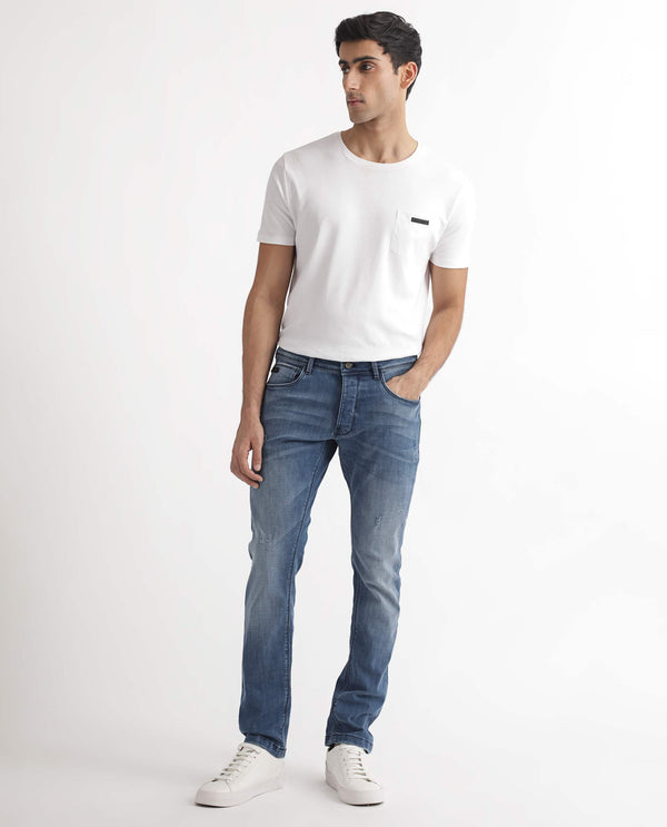 Rare Rabbit Men's Dijon Blue Mid Wash Mid-Rise Slim Fit Jeans