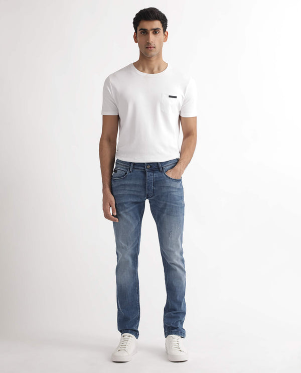 Rare Rabbit Men's Dijon Blue Mid Wash Mid-Rise Slim Fit Jeans