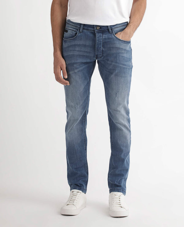 Rare Rabbit Men's Dijon Blue Mid Wash Mid-Rise Slim Fit Jeans