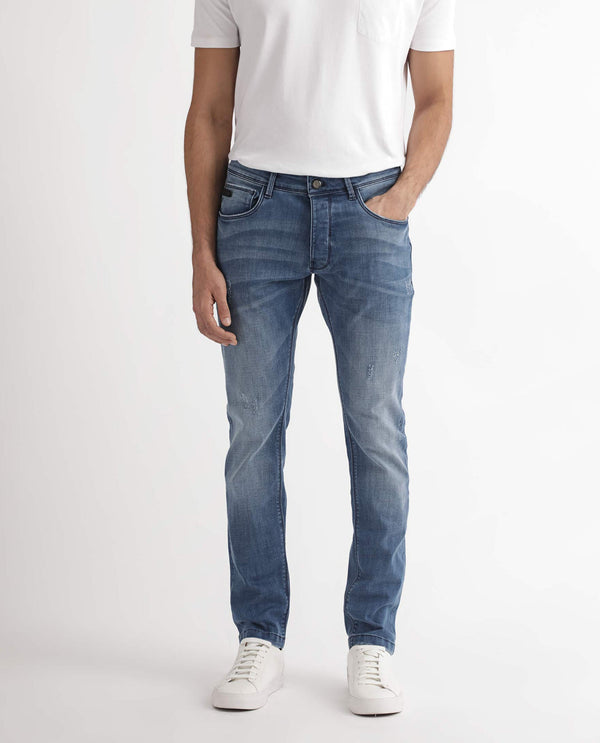 Rare Rabbit Men's Dijon Blue Mid Wash Mid-Rise Slim Fit Jeans