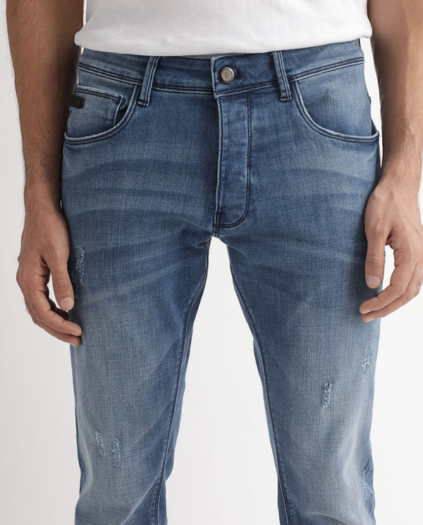 Rare Rabbit Men's Dijon Blue Mid Wash Mid-Rise Slim Fit Jeans