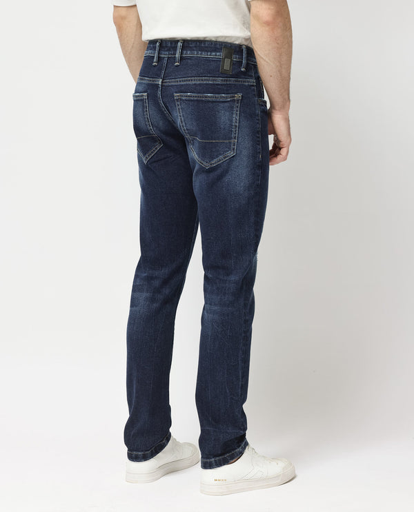 Rare Rabbit Mens Dili Dusky Navy Cotton Polyester Mid-Rise Dark Wash Distressed Slim Fit Jeans