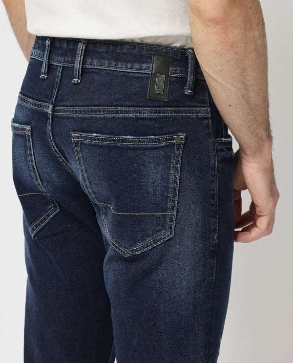 Rare Rabbit Mens Dili Dusky Navy Cotton Polyester Mid-Rise Dark Wash Distressed Slim Fit Jeans