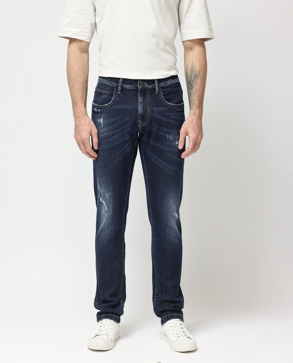 Rare Rabbit Mens Dili Dusky Navy Cotton Polyester Mid-Rise Dark Wash Distressed Slim Fit Jeans
