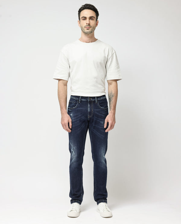 Rare Rabbit Mens Dili Dusky Navy Cotton Polyester Mid-Rise Dark Wash Distressed Slim Fit Jeans