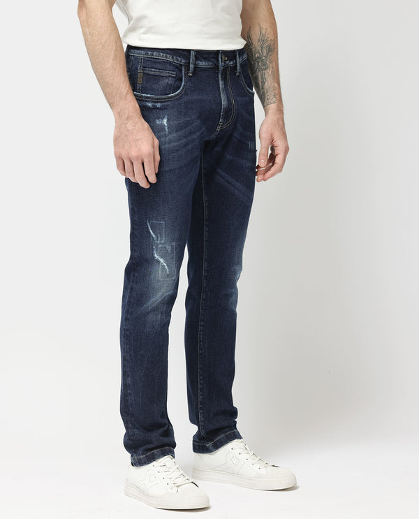 Rare Rabbit Mens Dili Dusky Navy Cotton Polyester Mid-Rise Dark Wash Distressed Slim Fit Jeans