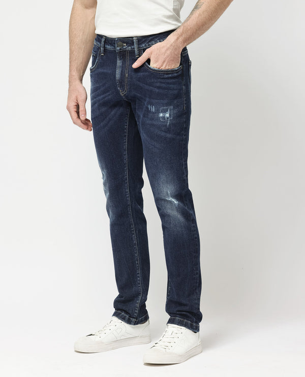 Rare Rabbit Mens Dili Dusky Navy Cotton Polyester Mid-Rise Dark Wash Distressed Slim Fit Jeans
