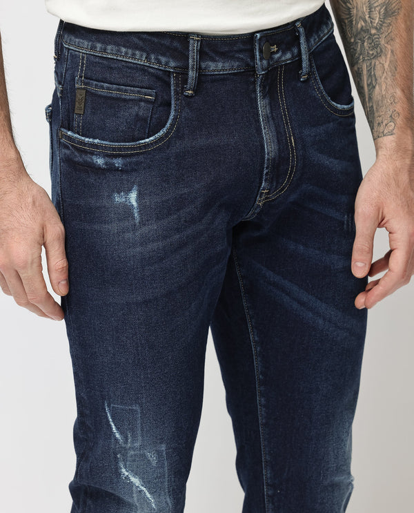 Rare Rabbit Mens Dili Dusky Navy Cotton Polyester Mid-Rise Dark Wash Distressed Slim Fit Jeans