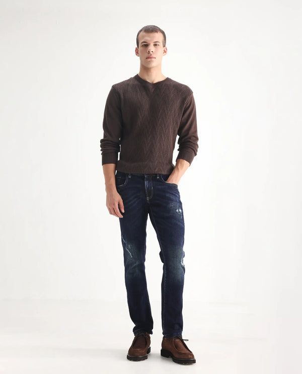 Rare Rabbit Mens Dili Dusky Navy Cotton Polyester Mid-Rise Dark Wash Distressed Slim Fit Jeans