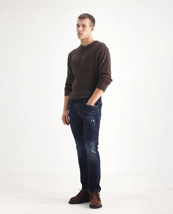 Rare Rabbit Mens Dili Dusky Navy Cotton Polyester Mid-Rise Dark Wash Distressed Slim Fit Jeans