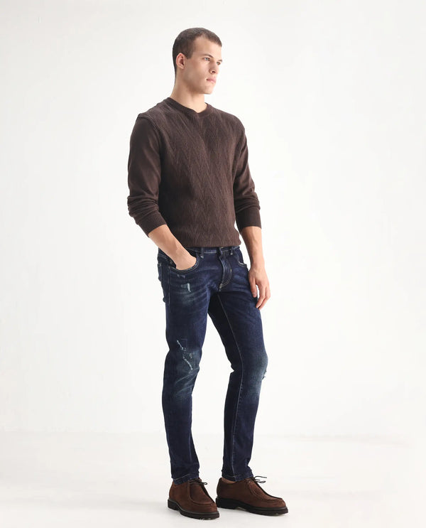 Rare Rabbit Mens Dili Dusky Navy Cotton Polyester Mid-Rise Dark Wash Distressed Slim Fit Jeans