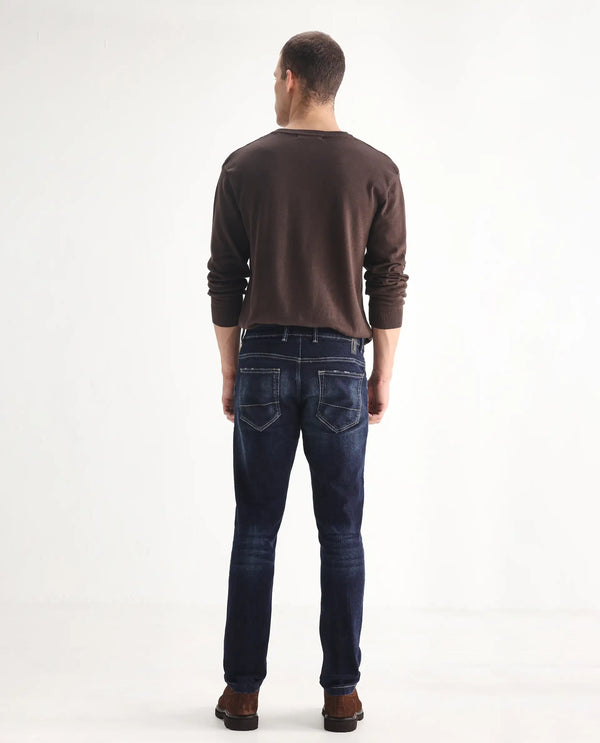Rare Rabbit Mens Dili Dusky Navy Cotton Polyester Mid-Rise Dark Wash Distressed Slim Fit Jeans