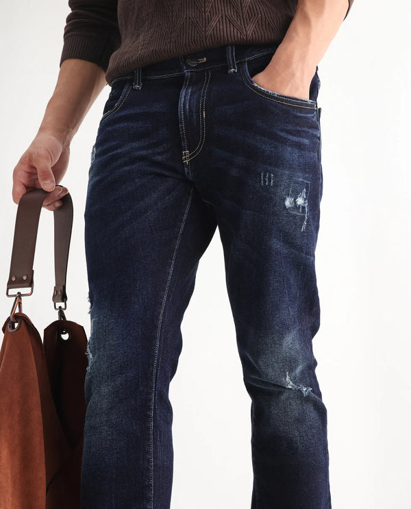 Rare Rabbit Mens Dili Dusky Navy Cotton Polyester Mid-Rise Dark Wash Distressed Slim Fit Jeans
