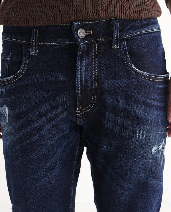 Rare Rabbit Mens Dili Dusky Navy Cotton Polyester Mid-Rise Dark Wash Distressed Slim Fit Jeans