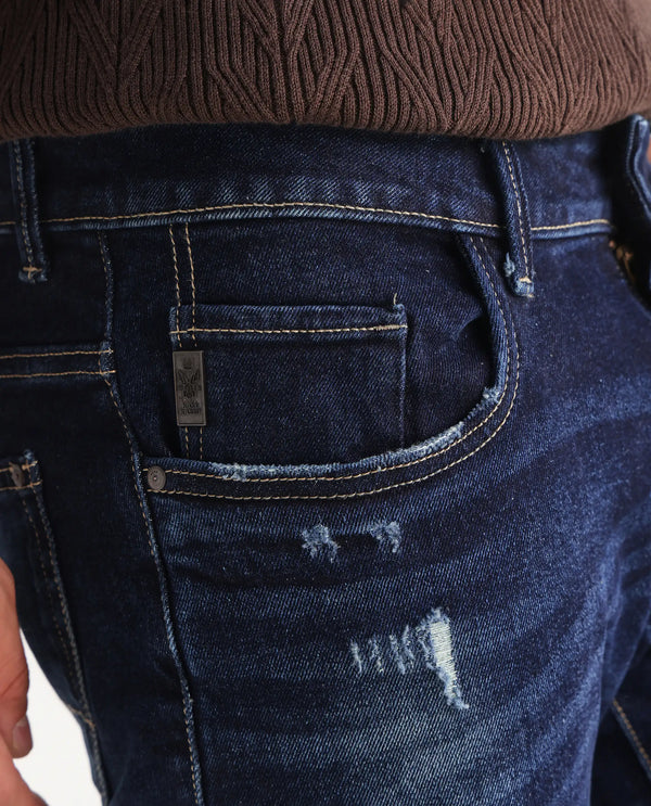 Rare Rabbit Mens Dili Dusky Navy Cotton Polyester Mid-Rise Dark Wash Distressed Slim Fit Jeans