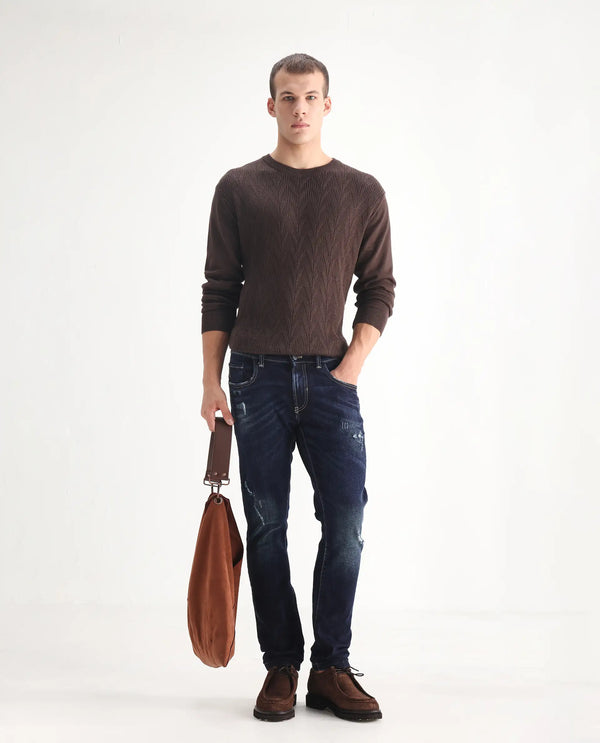 Rare Rabbit Mens Dili Dusky Navy Cotton Polyester Mid-Rise Dark Wash Distressed Slim Fit Jeans