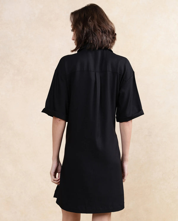 Rareism Women's Dilijan Black Cotton Blend Fabric Drop Collar Button Closure Half Sleeve Plain Asymmetric Knee Length Dress