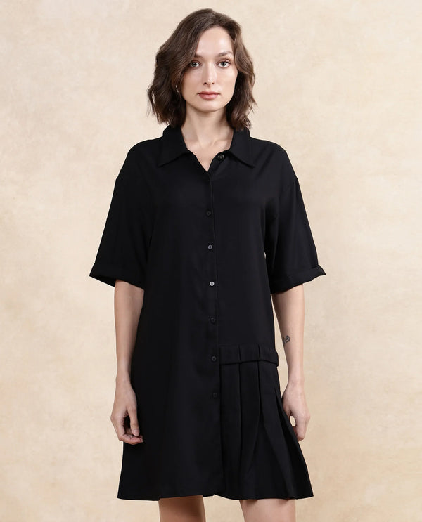 Rareism Women's Dilijan Black Cotton Blend Fabric Drop Collar Button Closure Half Sleeve Plain Asymmetric Knee Length Dress