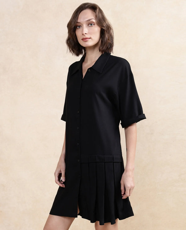 Rareism Women's Dilijan Black Cotton Blend Fabric Drop Collar Button Closure Half Sleeve Plain Asymmetric Knee Length Dress