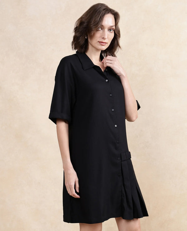 Rareism Women's Dilijan Black Cotton Blend Fabric Drop Collar Button Closure Half Sleeve Plain Asymmetric Knee Length Dress