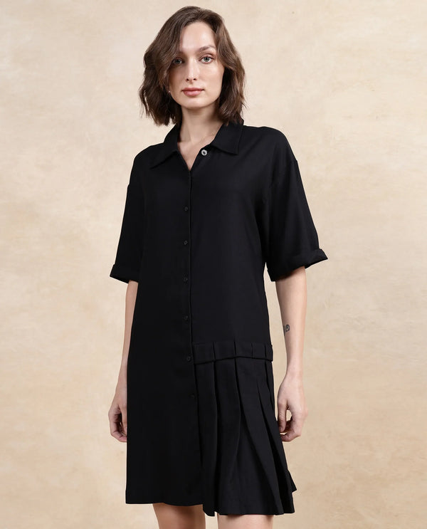 Rareism Women's Dilijan Black Cotton Blend Fabric Drop Collar Button Closure Half Sleeve Plain Asymmetric Knee Length Dress