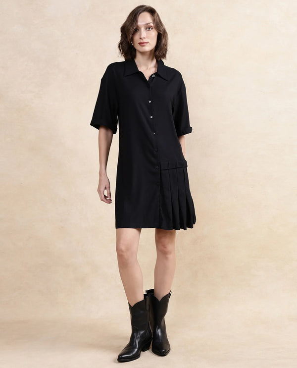 Rareism Women's Dilijan Black Cotton Blend Fabric Drop Collar Button Closure Half Sleeve Plain Asymmetric Knee Length Dress