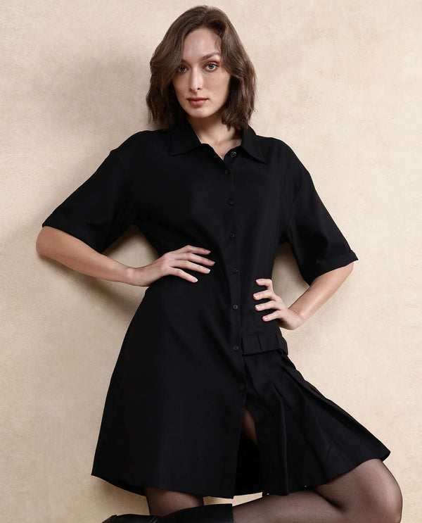 Rareism Women's Dilijan Black Cotton Blend Fabric Drop Collar Button Closure Half Sleeve Plain Asymmetric Knee Length Dress