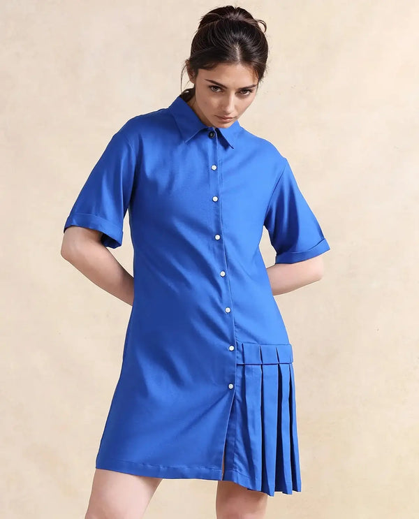 Rareism Women Dilijan Blue Regular Sleeves Collared Neck Button Closure Asymmetric Knee Length Plain Dress