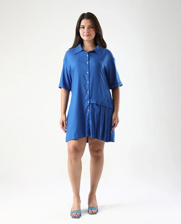 Rareism Women Dilijan Blue Regular Sleeves Collared Neck Button Closure Asymmetric Knee Length Plain Dress