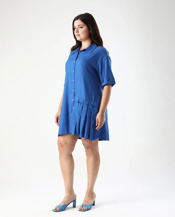 Rareism Women Dilijan Blue Regular Sleeves Collared Neck Button Closure Asymmetric Knee Length Plain Dress