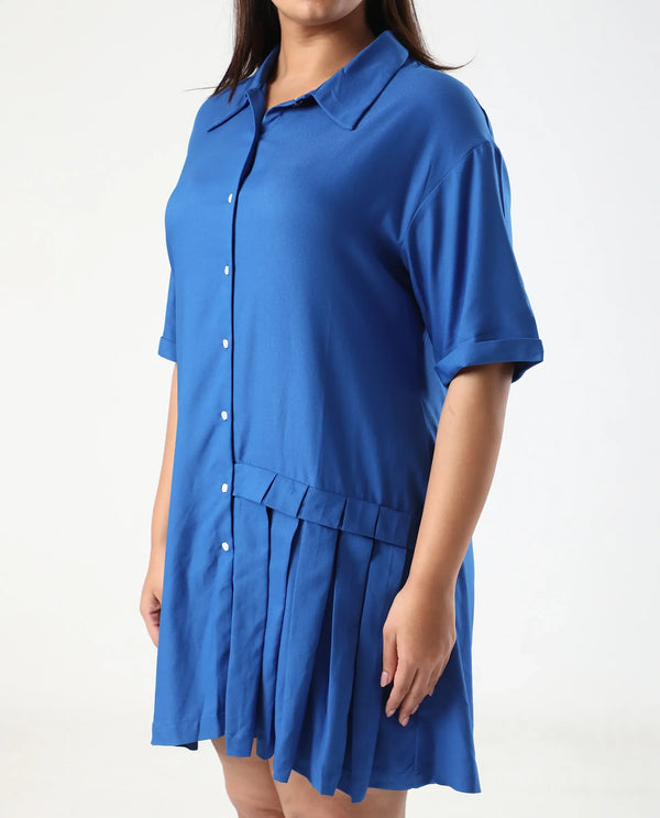 Rareism Women Dilijan Blue Regular Sleeves Collared Neck Button Closure Asymmetric Knee Length Plain Dress